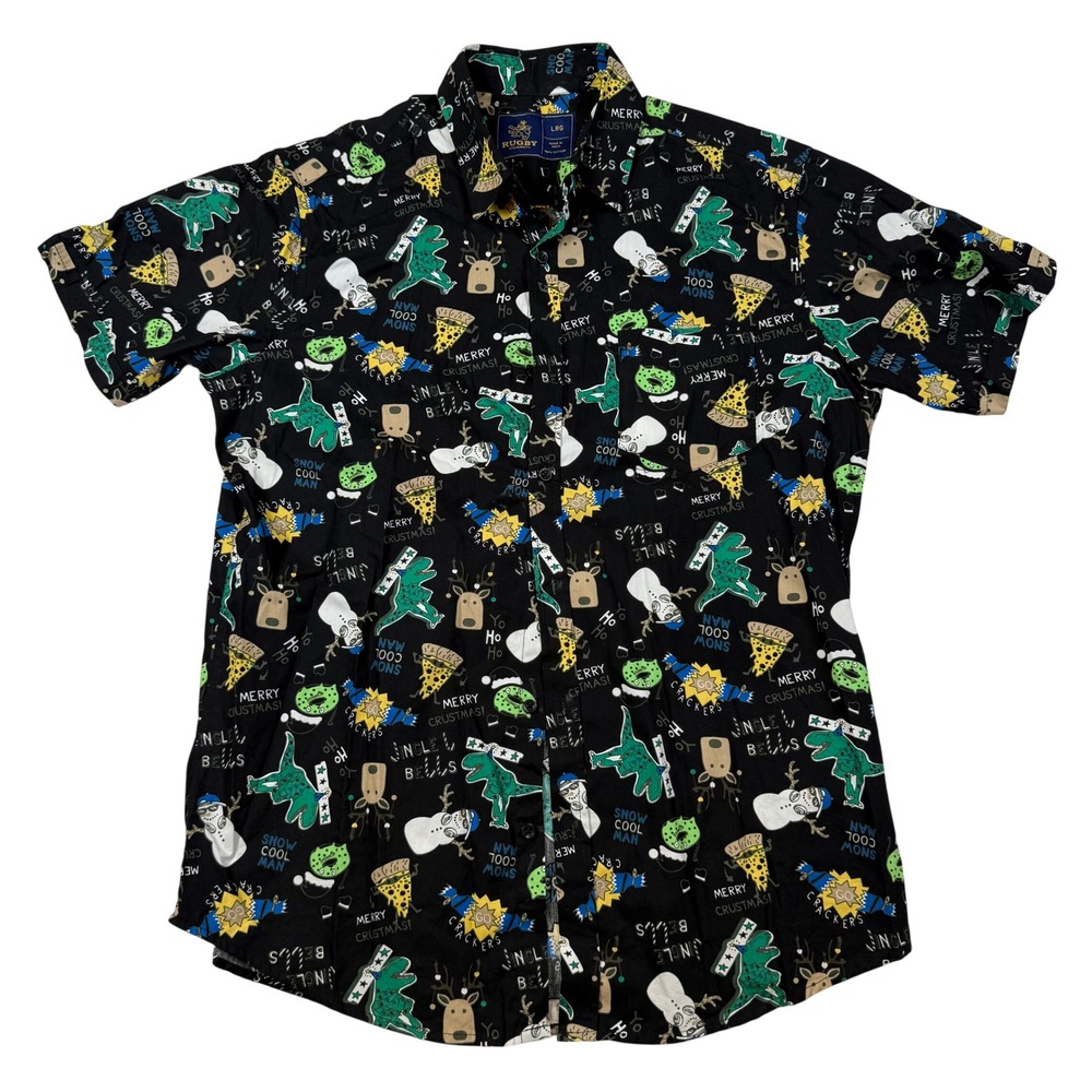 Rugby University Christmas Dinosaur Pizza Shirt Mens Large Black Short Sleeve